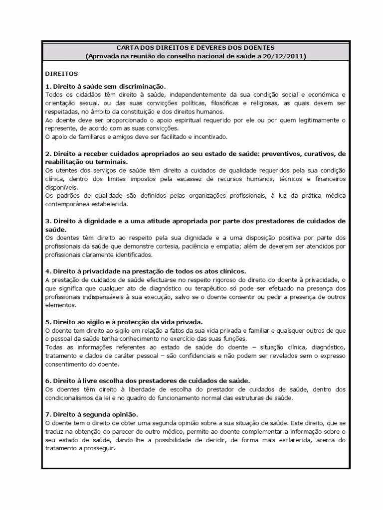 O que representa a Carta dos direitos e Deveres dos Doentes?